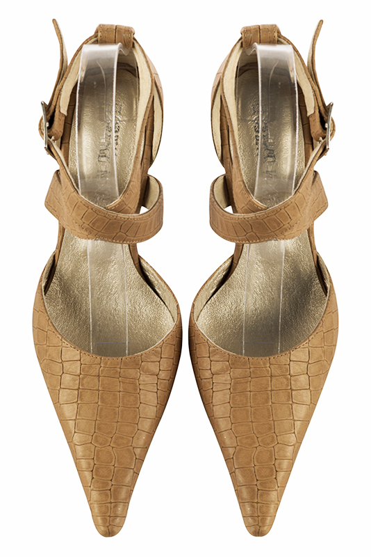 Camel beige women's open side shoes, with crossed straps. Pointed toe. High slim heel. Top view - Florence KOOIJMAN